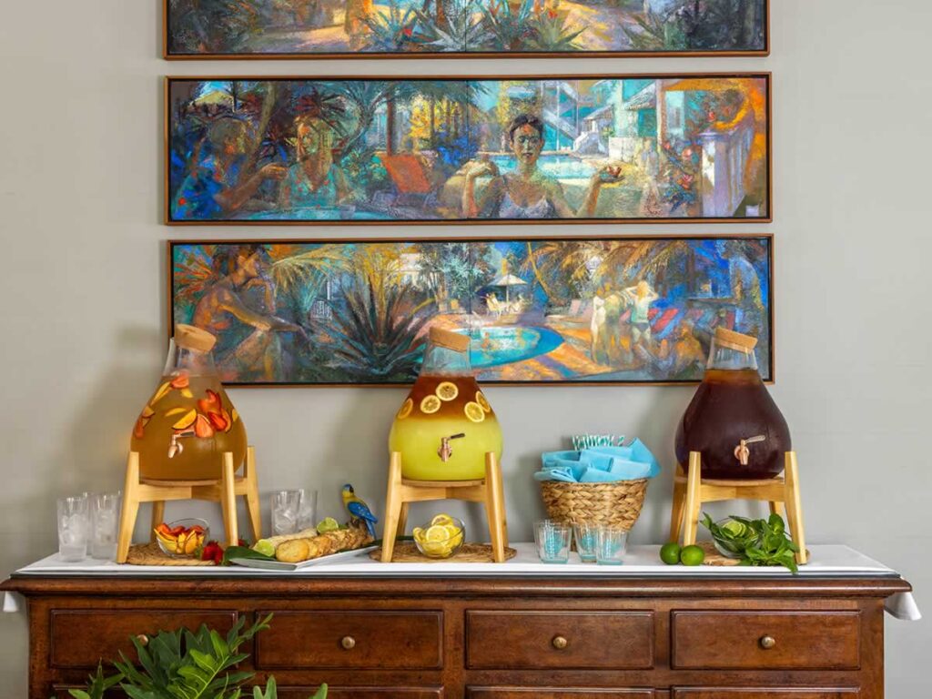 Drink station with refreshing beverages in containers